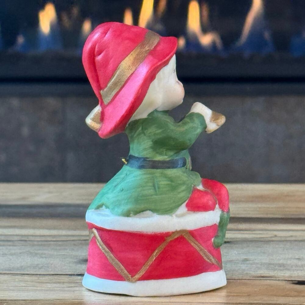 Vintage 1978 Jasco Merri-Bells Bisque Elf Playing Horn on Drum Christmas Bell - Picture 5 of 11